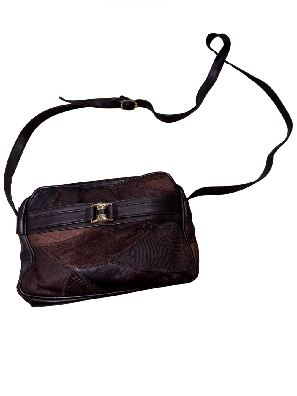La Covina Patchwork Dark Brown Leather Crossbody Fall Purse - Picture 3 of 9